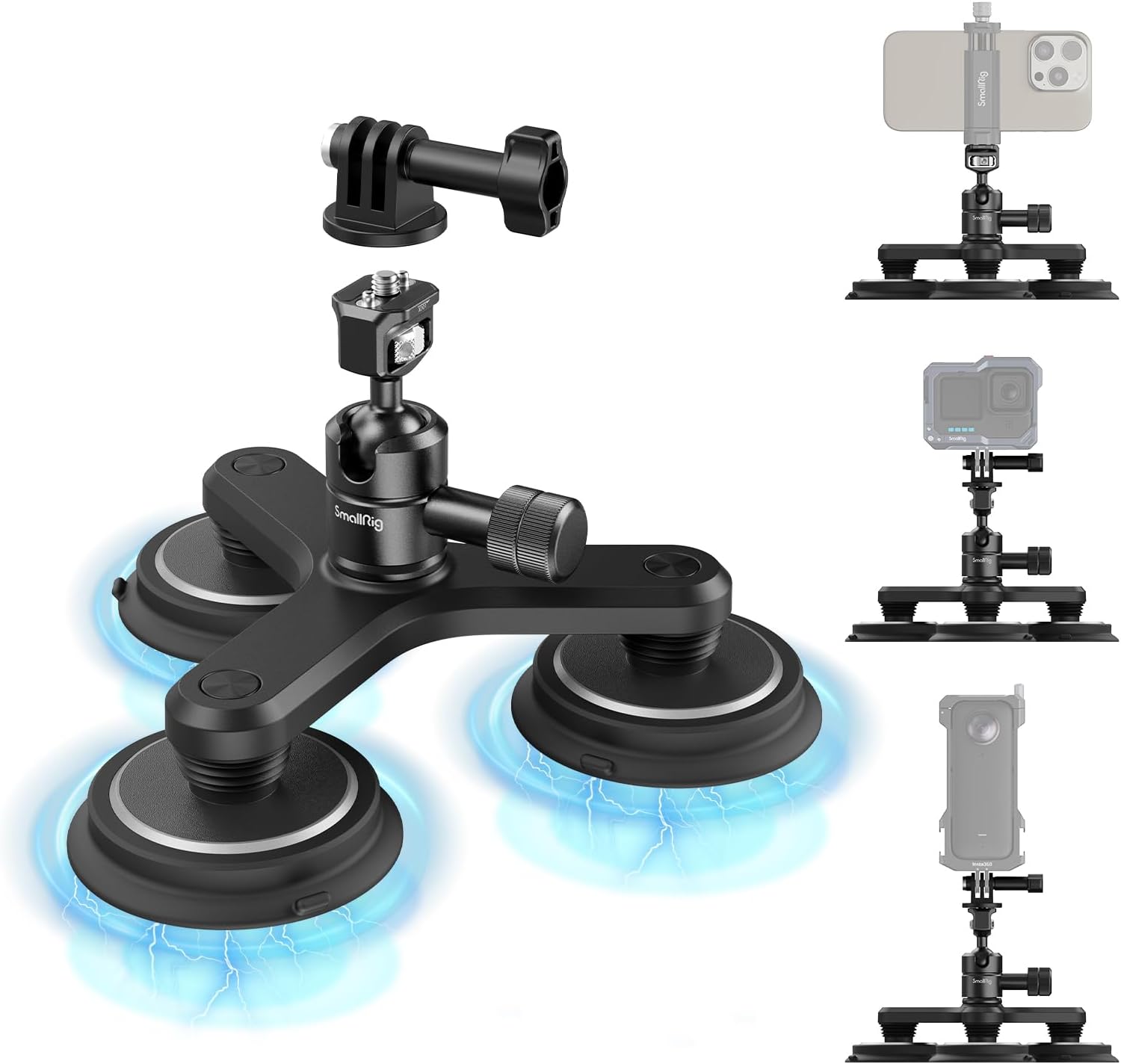 SMALLRIG Triple Magnetic Mount for Gopro, 4468Camera AccessoriesDesigned with precision and expertise for easy and secure mounting of your Gopro camera. Suction Cups with Magnetic Pull Ball Head with 1/4"-20 Screw 3-Prong Mount Adapter 12 oz Load Capacity