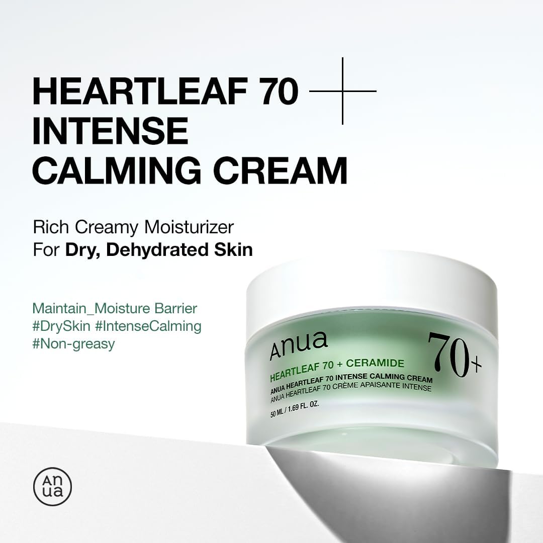 ANUA Heartleaf 70 Intense Calming Cream with Ceramide, Panthenol, Heartleaf Extract, Korean Skincare, 50ml /1.69 fl.ozPersonal CareANUA Heartleaf 70 Intense Calming Cream is specially crafted to soothe sensitive and irritated skin. Packed with 70% heartle