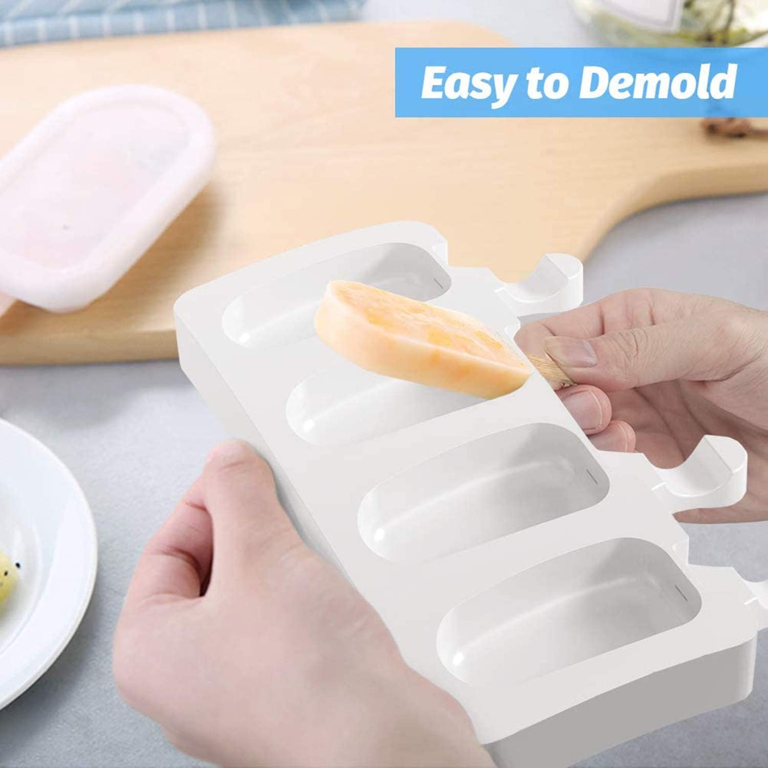 DELFINO Ice Lolly Moulds, BPA Free Silicone Popsicles Moulds of 2 Packs, Ice Cream Ice Cube Tray Popsicle Reusable Food Grade Silicone DIY Moulds Oval with 50 Pieces Natural Wood Craft Sticks (White)Kitchen GadgetsElevate your summer treats with the DELFI