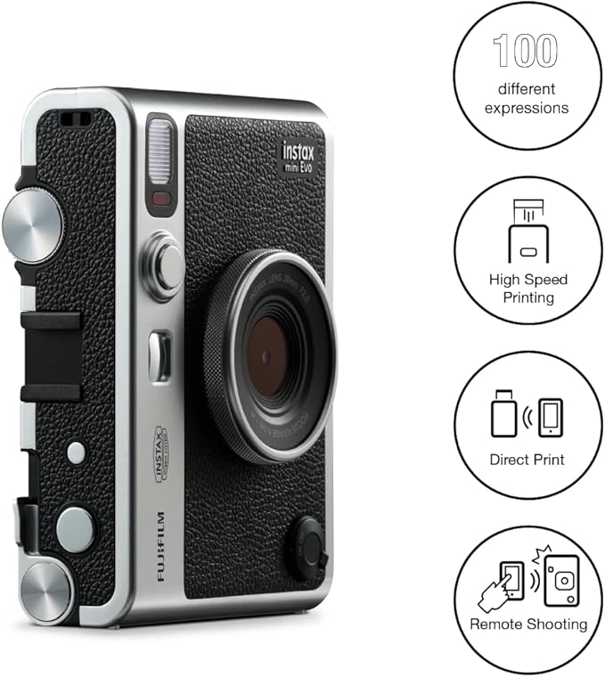 Fujifilm Instax Mini Evo Hybrid Camera Premium Edition with 20 Shots of Stone Gray Film and 100 Different Expressions - Black