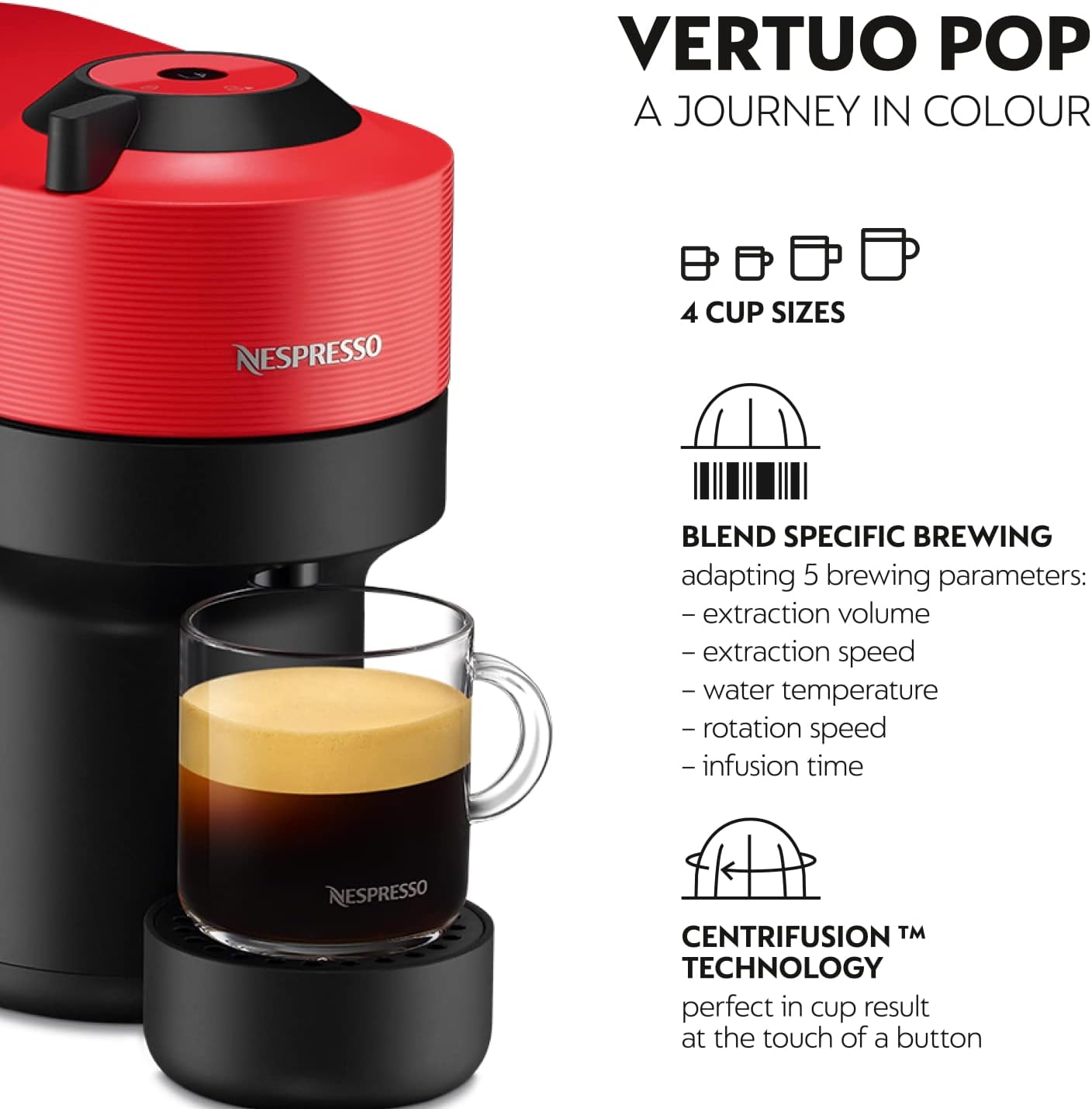 NESPRESSO Vertuo Pop Red Coffee Machine - UAE VersionKitchen AppliancesAdd a touch of colour to your life with the Nespresso Vertuo Pop machine.Bursting in a range of six vibrant colours, from Spicy Red to Pacific Blue, Vertuo Pop makes a bold statement t