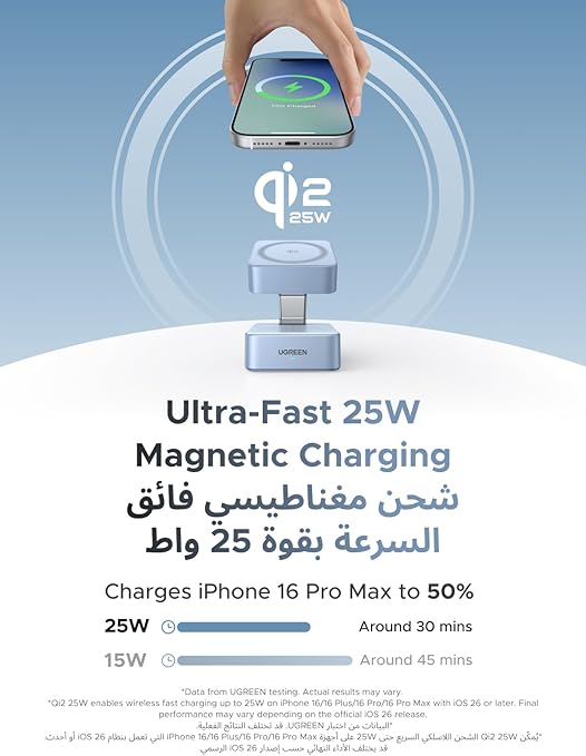 UGREEN MagFlow 2-in-1 Wireless Charger Qi2 25W – Foldable Stand for iPhone 17/16/15/14/13/12, AirPods, Apple Watch, with 1M USB-C Cable