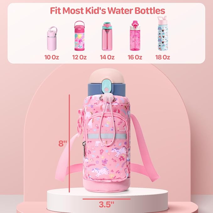BrainyBees Kids Water Bottle Holder with Adjustable Strap | Insulated Water Bottle Carrier Bag for Children - Pink Unicorn