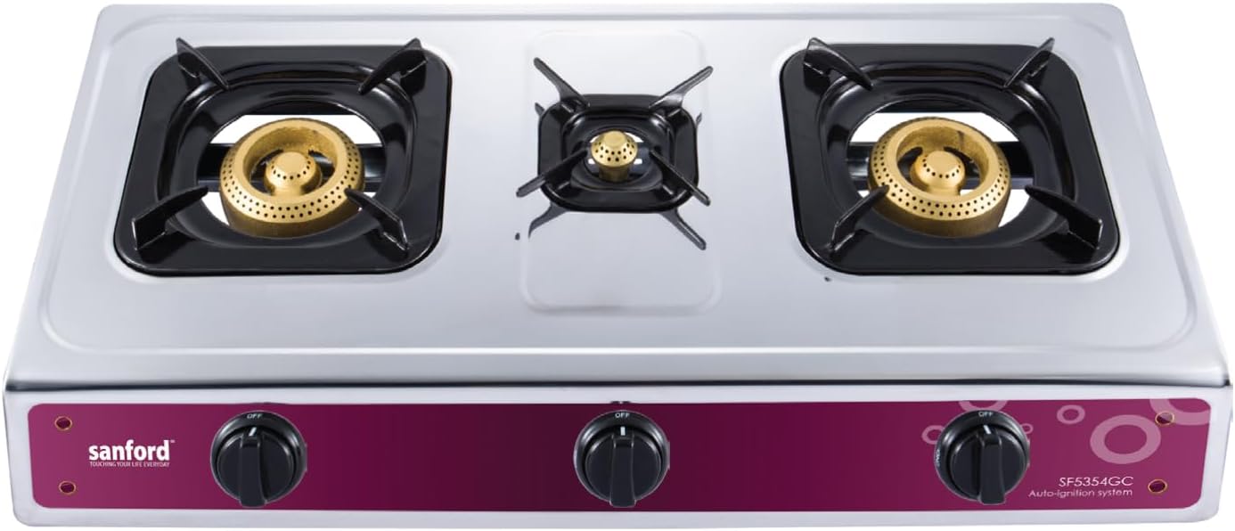 Sanford Gas Stove 3 Burner SF5354GC - PinkKitchen AppliancesHeavy cast iron burner Low gas consumption Triple burner gas stove Stainless steel frame Big support beam, Auto Ignition, Blue flame Indian burner cap: 100X33X100mm LPG with 2800pa, 5 Ear Pan Sup