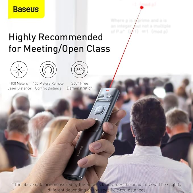 Baseus Orange Dot Wireless Presenter with Red Laser – Rechargeable Presentation Clicker with USB-A & USB-C Receiver, 100m Range, Grey