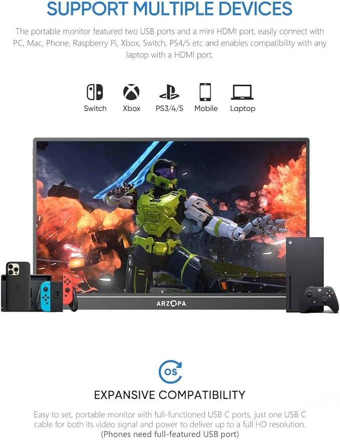 ARZOPA A1 Portable Monitor 15.6 Inch FHD 1080P IPS Display – Ultra-Slim with Kickstand, USB-C & HDMI – Compatible with PC, Mac, PS5, Xbox, Phone