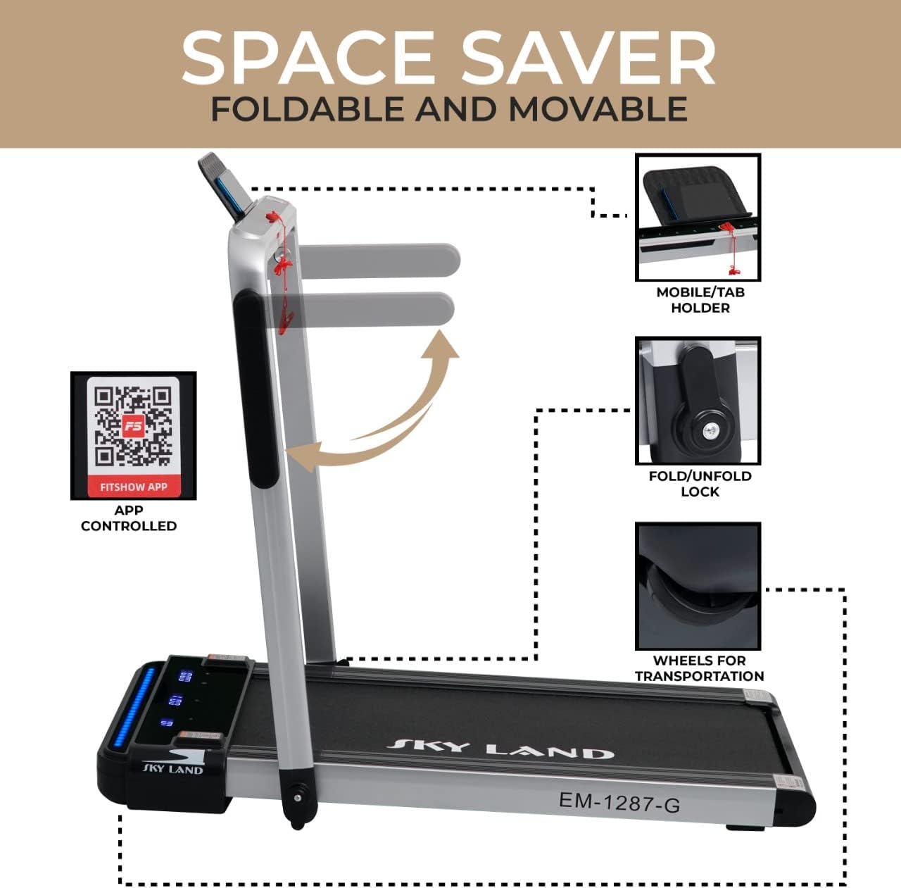 SKY LAND EM-1287-G 2-in-1 Foldable Treadmill | 4HP Peak, 12 Programs, App Control, Gray