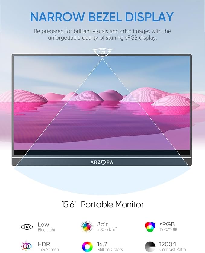 ARZOPA A1 Portable Monitor 15.6 Inch FHD 1080P IPS Display – Ultra-Slim with Kickstand, USB-C & HDMI – Compatible with PC, Mac, PS5, Xbox, Phone
