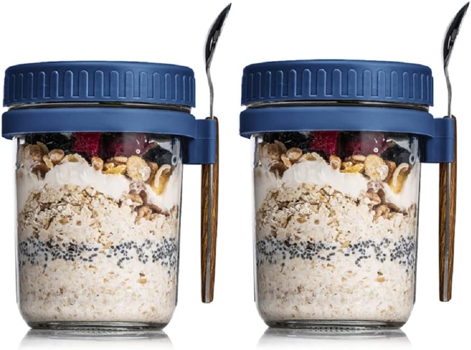 O9 O-Nine Overnight Oats Container with Lid and Spoon 12 oz/350mlKitchen StorageThis set of 2 overnight oat jars is made of high-quality thick glass, guaranteeing sturdiness and safety. The PVC lid seals in freshness, keeping your food tasting great every
