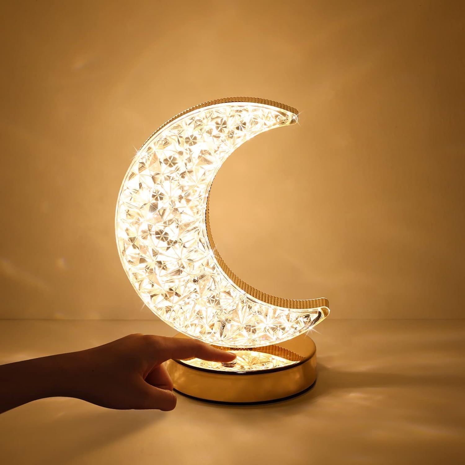 Crystal Moon-Shaped Ramadan Lamp | Touch LED Night Light | Decorative Table Lamp for Home & BedroomHome DecorUnique Vintage Moon Lamp AestheticsThe vintage and unique moon lamp design reflects your impeccable taste. The retro gold base and lamp stand tran