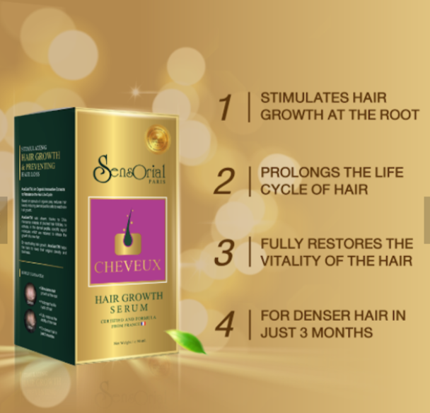 Sensorial Cheveux Hair Growth Serum – 50 ml.Hair CareOrganic Innovative Stimulating Hair Growth and Preventing Hair Loss Product Detail: AnaGainTM, An Organic Innovative Extracts to Rebalance the Hair Life Cycle. Based on sprouts of organic pea, reduces h