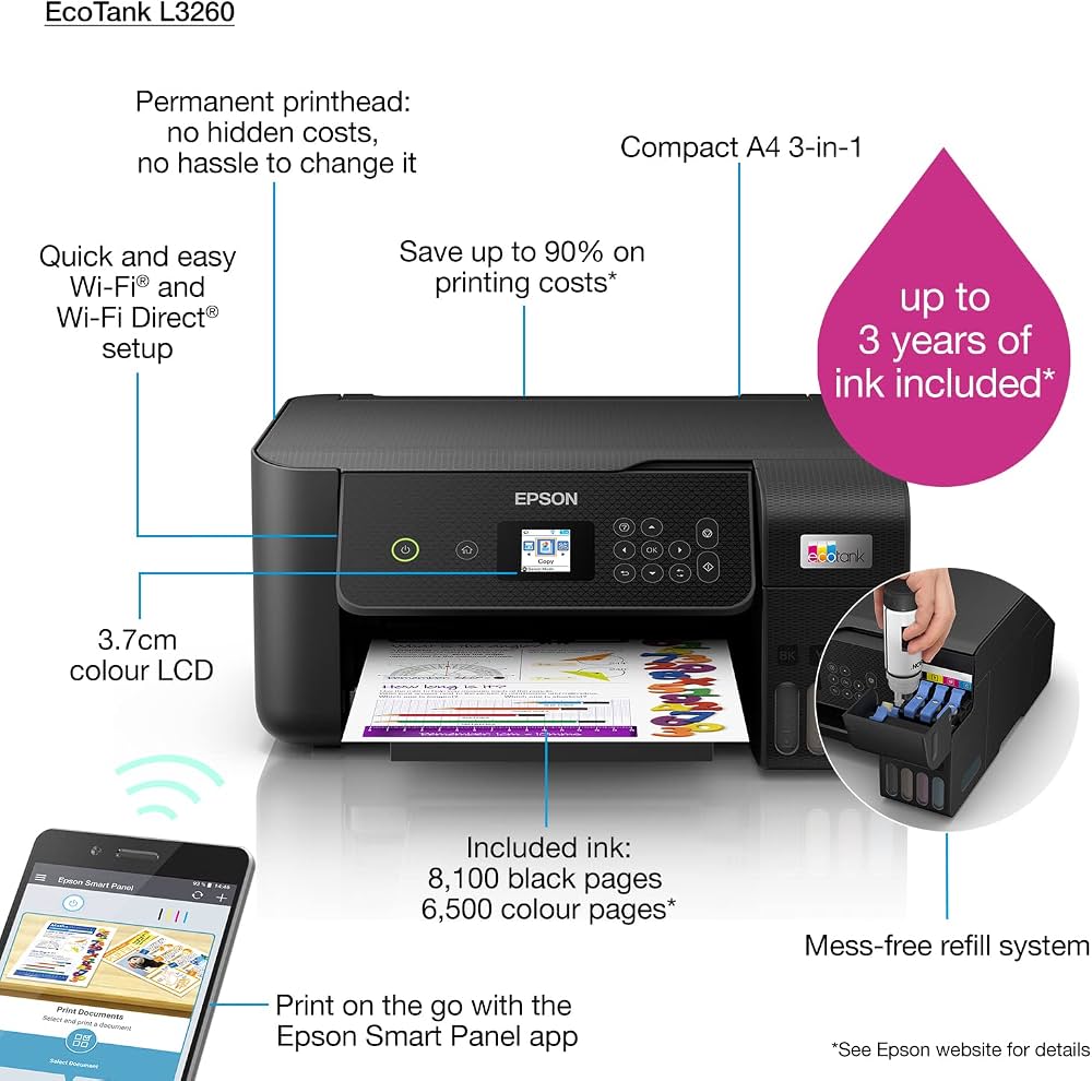 Epson EcoTank L3260 A4 All-in-One Ink Tank Printer | Colour Print, Scan & Copy | Wi-Fi & Wi-Fi Direct | Smart Panel App | LCD Display | Black