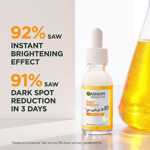 Garnier SkinActive Fast Bright 30x Vitamin C Booster Serum 30mlPersonal CareGarnier SkinActive Fast Bright 30x Vitamin C Booster Serum (30ml) is a potent brightening serum formulated to target dark spots, uneven skin tone, and dullness. Infused with 30x c