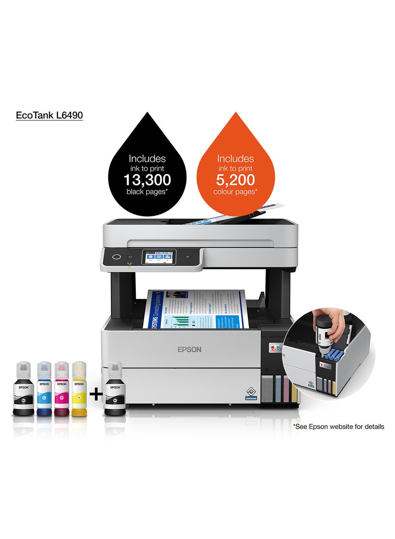 Epson EcoTank L6490 All-in-One – PrecisionCore, 17ppm, Duplex, ADF, 13,300/5,200 Yield, Fax, Wi-Fi