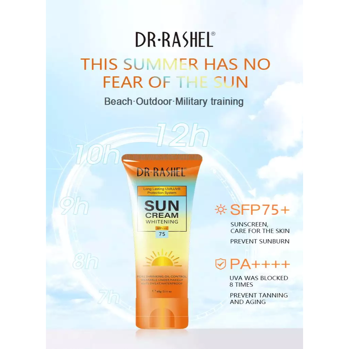 DR. RASHEL Whitening & Moisturizing Sun Protect Cream Spf 75 Multicolor 60gPersonal Care🌞 High SPF 75 Protection: Provides robust defense against UVA and UVB rays, preventing sunburn and premature aging. ✨ Whitening & Brightening: Infused with niacinamid