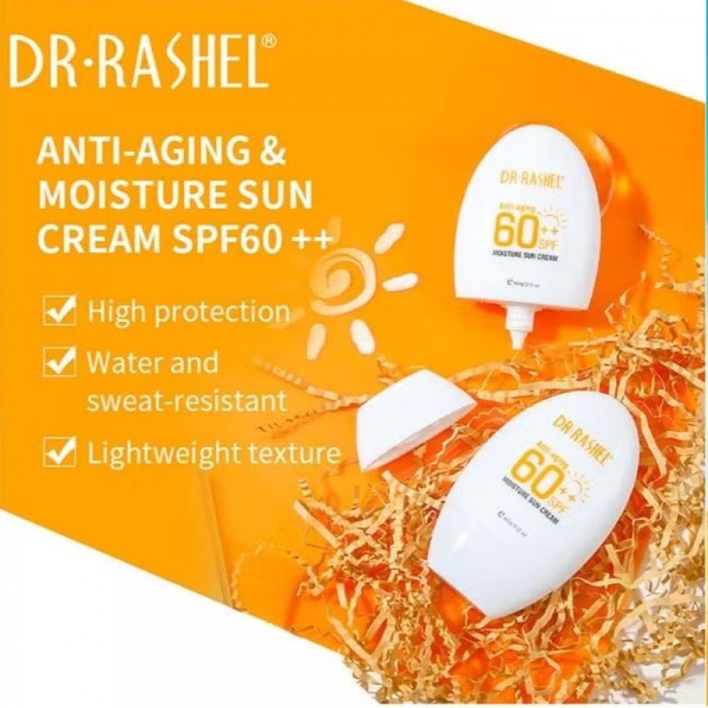 DR. RASHEL Anti-Aging Moisturizing Sunscreen Cream SPF 60++ White 60gPersonal Care🌞 Broad Spectrum Protection: SPF 60++ shields against harmful UVA and UVB rays, preventing sunburn and premature aging. 🧴 Anti-Aging Formula: Enriched with antioxidants to