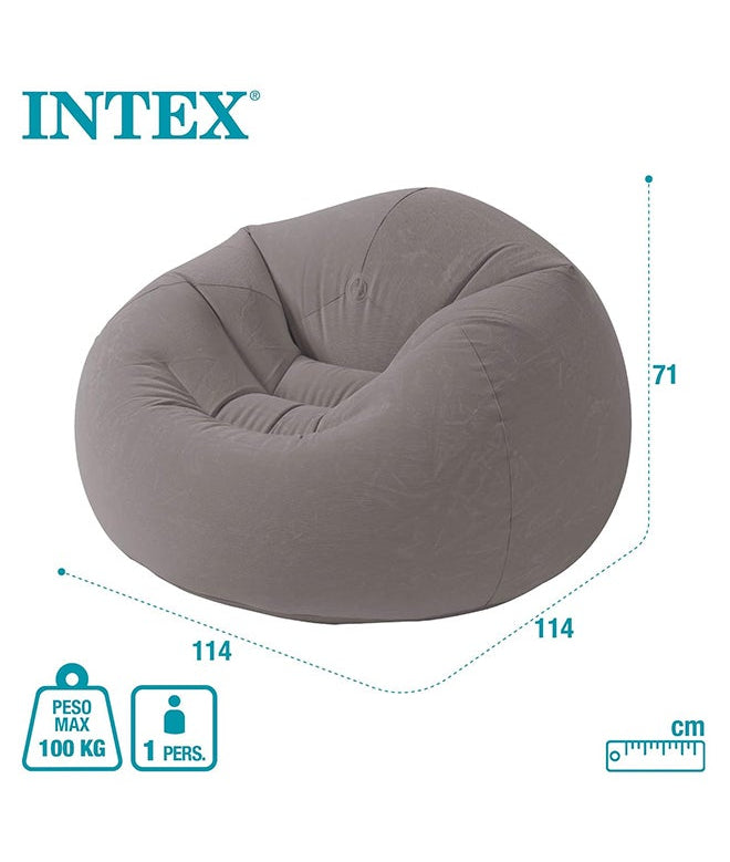 Intex Beanless Bag Inflatable Lounge Chair – Grey, 114×114×71cm, Corduroy Flocking, 100kg, Folds Flat
