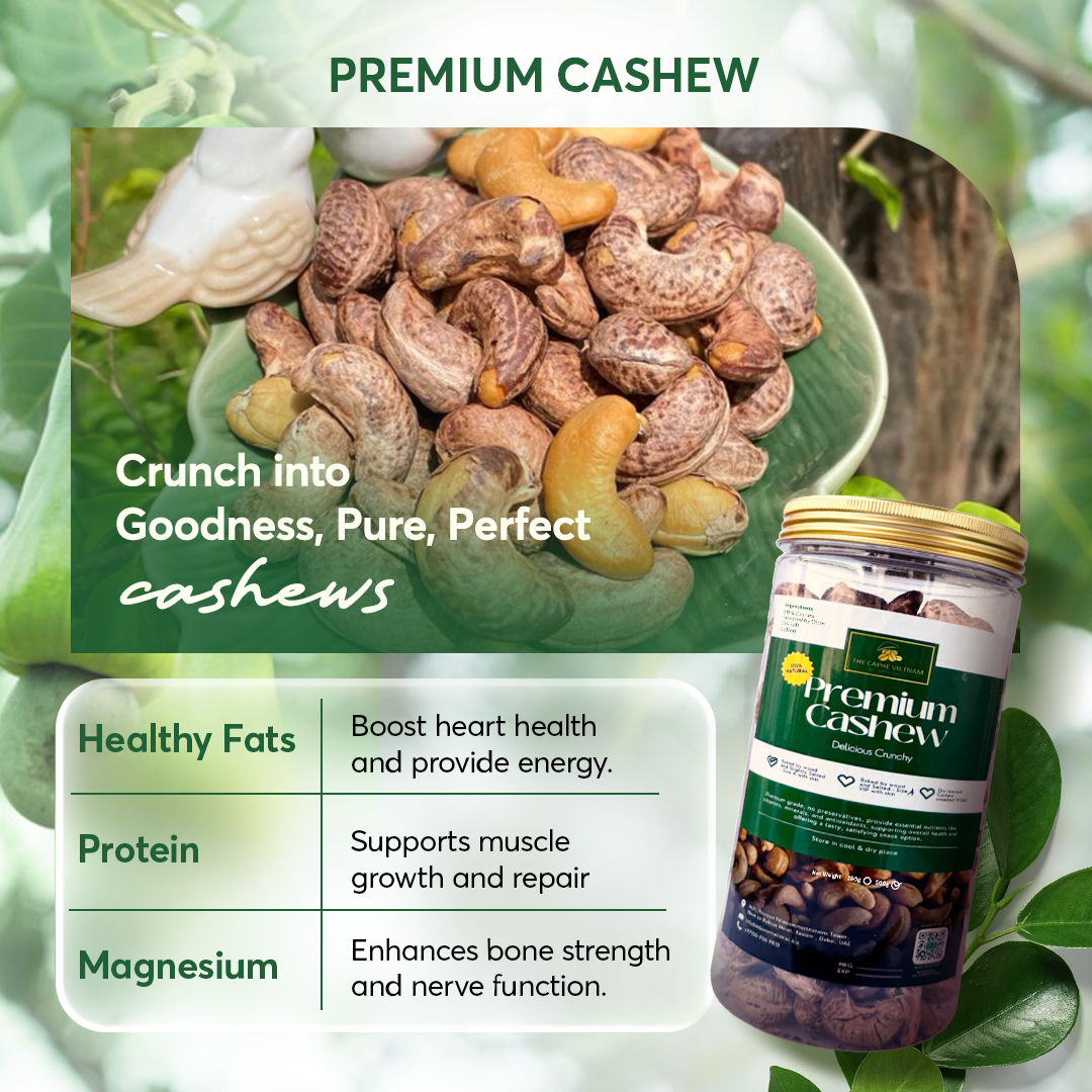 The Caphe Vietnam Premium Cashew Nuts - 500 G | Wood-Baked, Roasted Cashew | Salted with Skin | Size A | Vietnamese Cashew, Ready To Eat Nuts