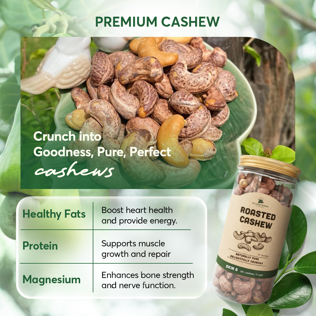 The Caphe Vietnam Premium Cashew Nuts - 500 G | Wood-Baked, Roasted Cashew | Salted with Skin | Size A | Vietnamese Cashew, Ready To Eat Nuts