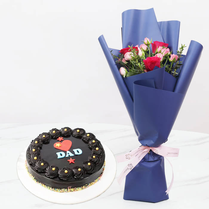 Sweetheart for DadChocolate & Confectionery4 Portion Fudge Cake for Dad 3 Dark Pink Roses 2 Stems of Pink Baby Roses 1 Stem of Parvifolia Wrapped in violet-colored paper and tied with a pink ribbon.