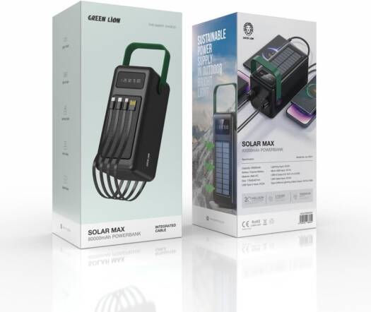 Green Lion Solar Max 80000mAh Power Bank – 4 Built-In Cables, Digital Display, Solar, UAE Brand