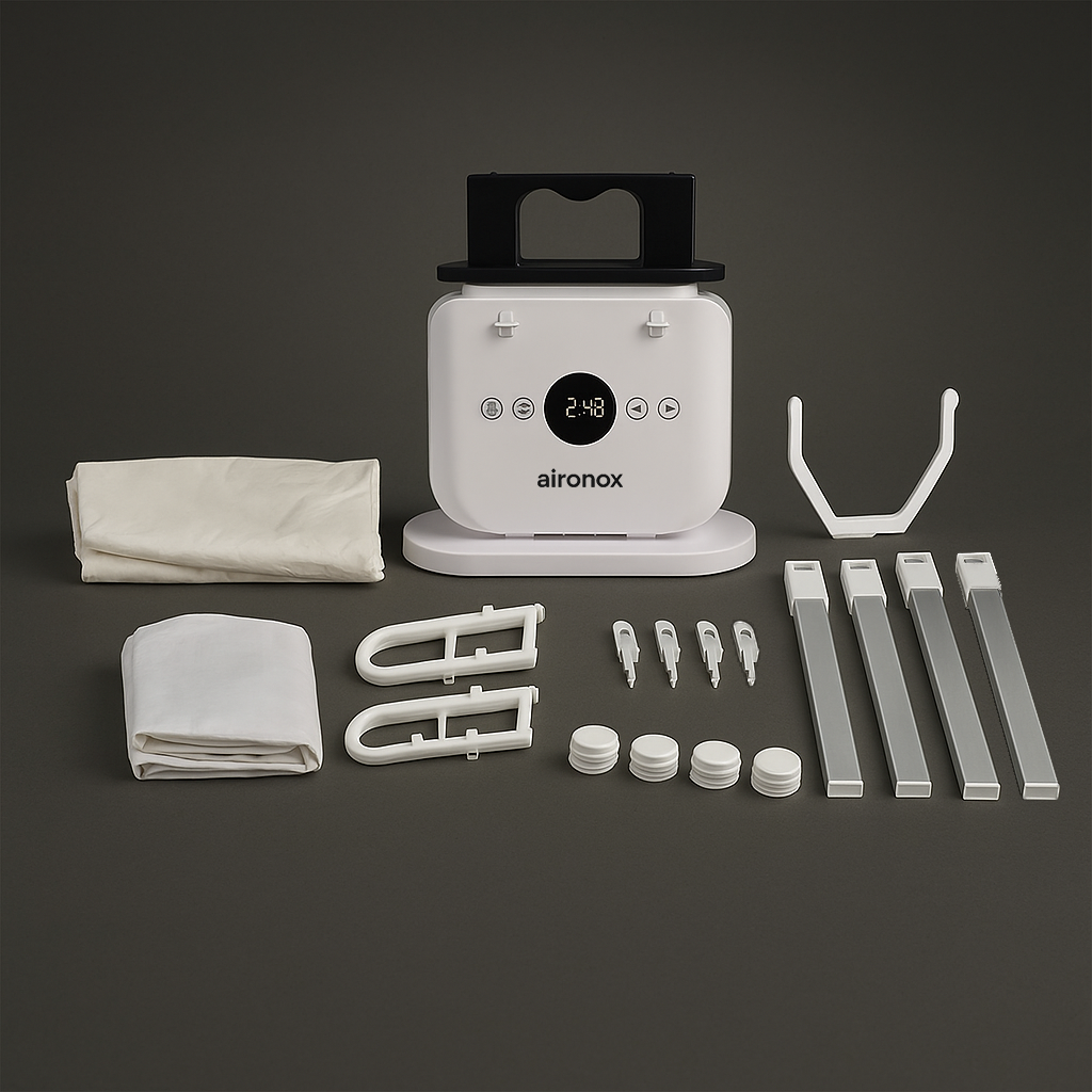 Aironox ironing machine with adjustable frame and clips for different garment sizes