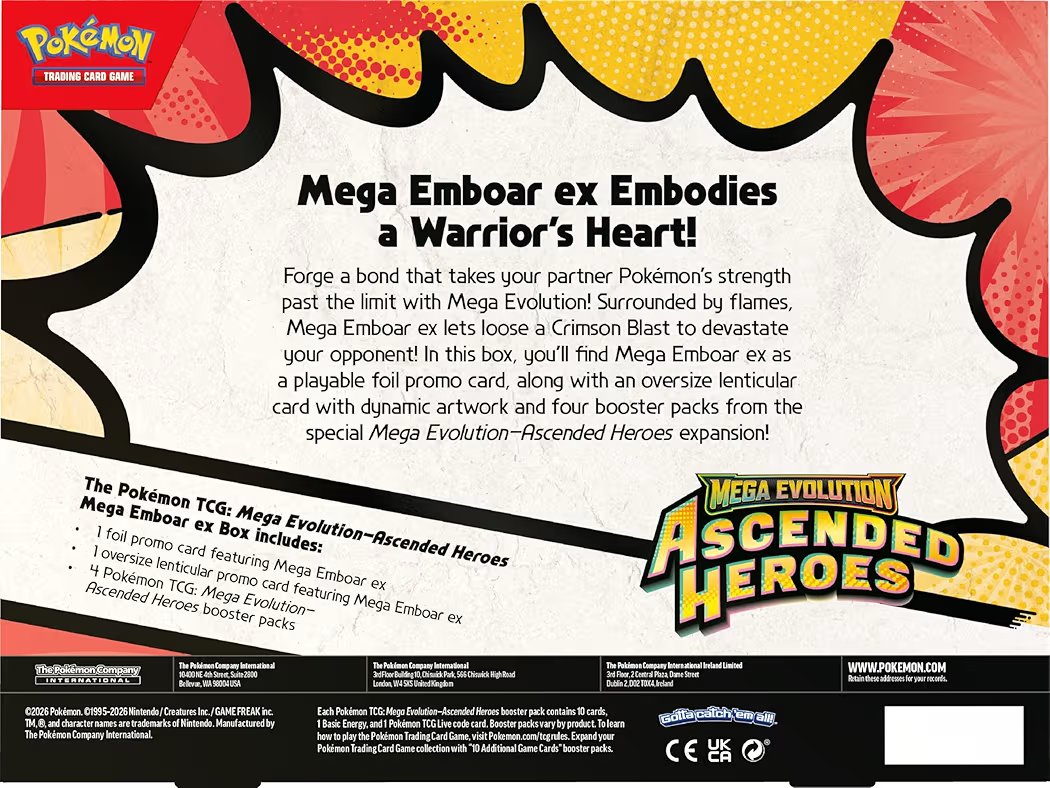 Pokémon TCG: Mega Evolution—Ascended Heroes Mega Emboar ex Box, Foil Promo Card, Oversize Lenticular Card & 4 Booster Packs, Official Pokémon Trading Card Game Set