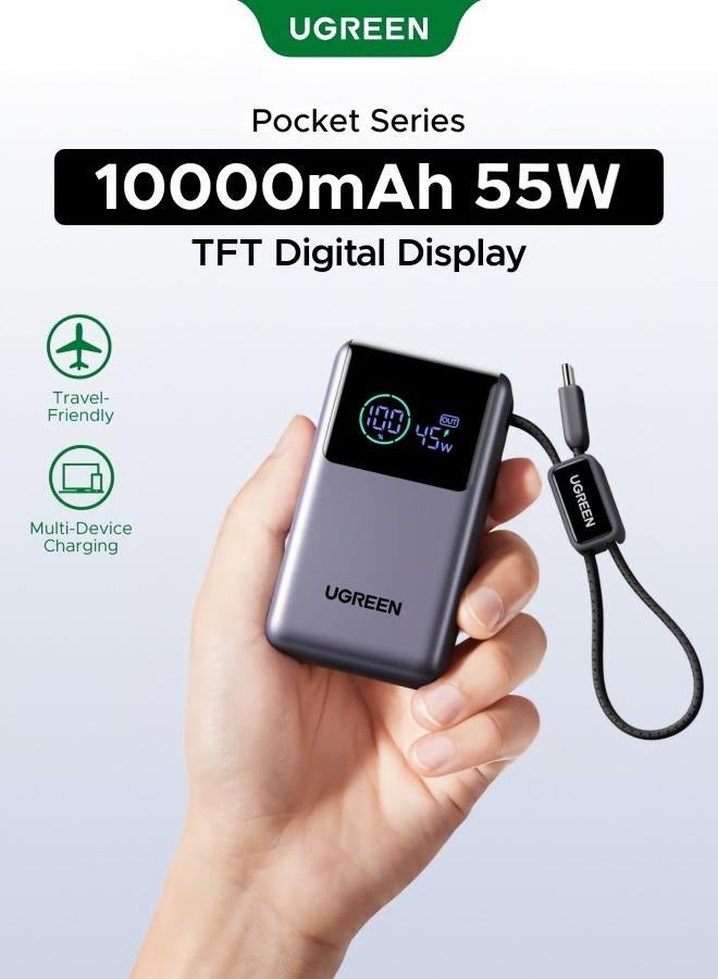 UGREEN 10000mAh 55W Pocket Power Bank with Built-in Cable – Black