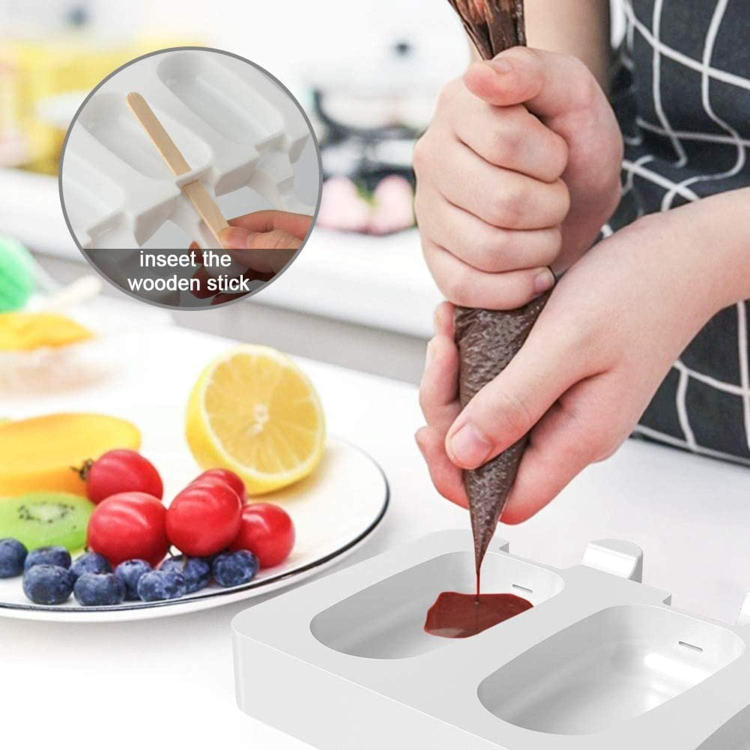 DELFINO Ice Lolly Moulds, BPA Free Silicone Popsicles Moulds of 2 Packs, Ice Cream Ice Cube Tray Popsicle Reusable Food Grade Silicone DIY Moulds Oval with 50 Pieces Natural Wood Craft Sticks (White)Kitchen GadgetsElevate your summer treats with the DELFI