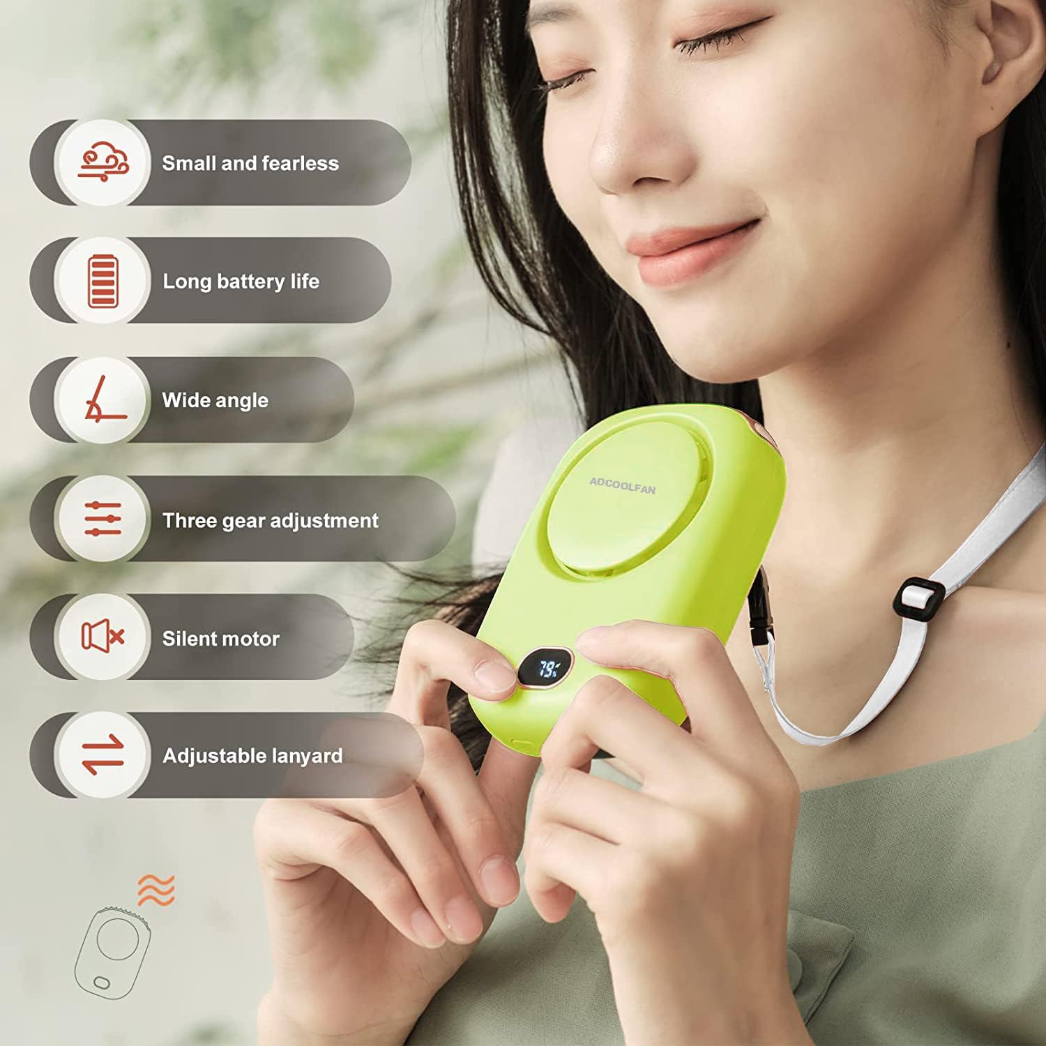 AOCOOLFAN Portable Neck FanHome EnvironmentStrong breeze and Max 12 Hours Cooling TimeThis versatile handheld fan is as long as 12 hours of cooling time on a solitary charge, 3-speed setting , you simply have to press the power button to change the fan se
