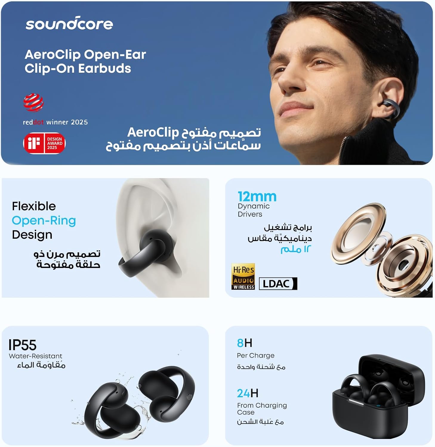 Soundcore AeroClip by Anker Open-Ear Clip-On Earbuds – 12mm Drivers, Hi-Res Audio, 4-Mic AI Calls, Bluetooth 5.4, 32H Playtime, IP55, Black UAE