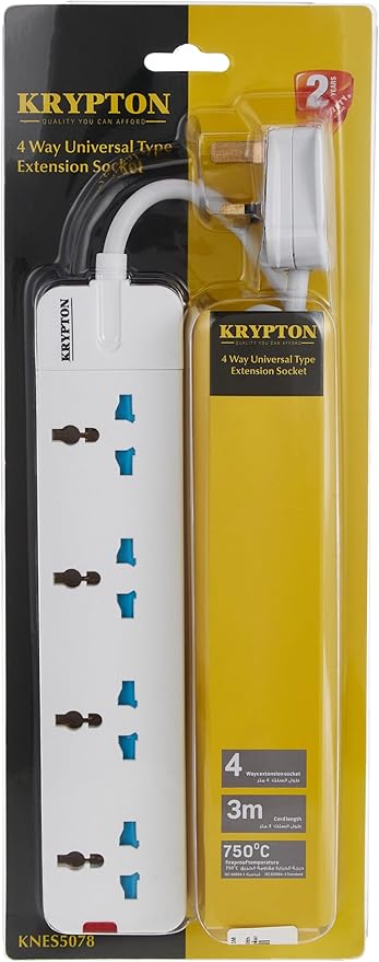 Krypton-4 Way Universal Type Extension SocketHome Electronics4 WAY EXTENSION BOARD 4 Way extension board made with Fire retardant material.IDEAL EXTENSION SOCKET Ideal for computers and other electronic equipment for all homes, offices, and more.SHOCKPROO