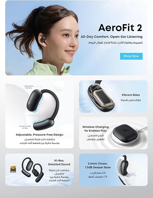 Soundcore AeroFit 2 by Anker – Open-Ear, 4-Level Adjustable Hook, 42H, LDAC, IP55, Real-Time Translation
