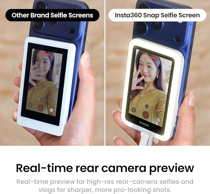 Insta360 Snap Selfie Screen attached to iPhone showing rear camera live view on monitor