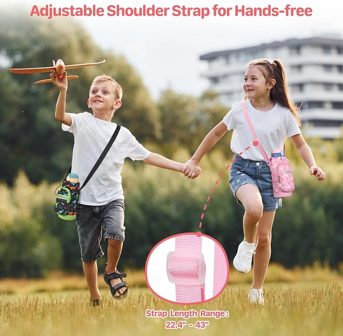 BrainyBees Kids Water Bottle Holder with Adjustable Strap | Insulated Water Bottle Carrier Bag for Children - Pink Unicorn