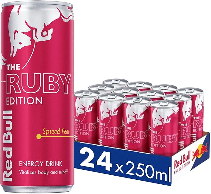 Red Bull Ruby Edition Spiced Pear energy drink 250ml can in deep red jewel-toned design