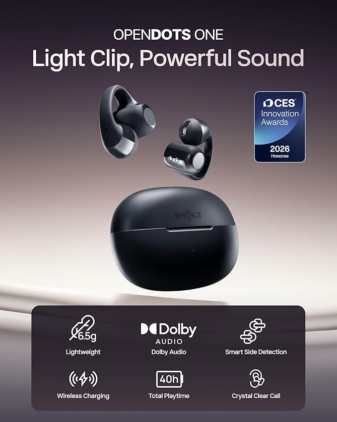 SHOKZ OpenDots ONE Open-Ear Clip-On Earbuds – 6.5g Premium Dolby Audio, 40H Playtime, Bluetooth 5.4, Fast Charging, IP54, Wireless Earphones with Mic, Commuting - Black