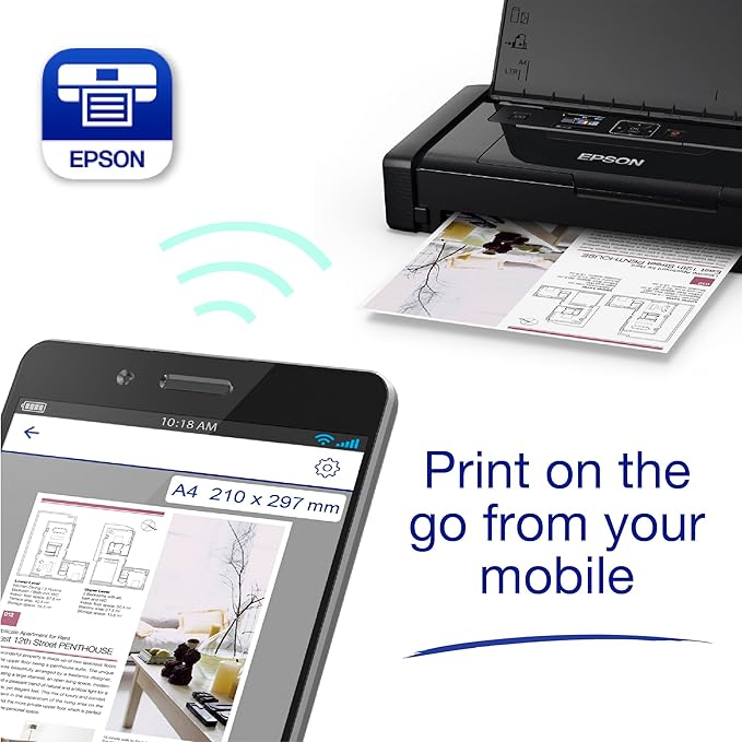Epson WF-110W wireless portable printer showing control panel and ports