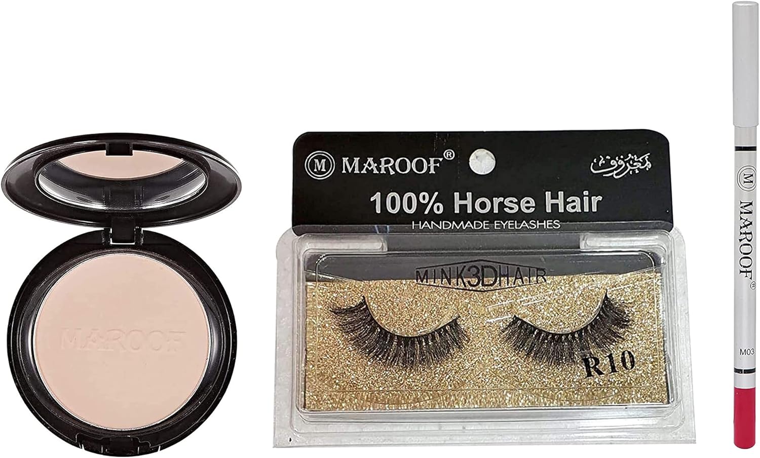 MAROOF Eye and Lip Liner Soft Pencil With Face Powder And Horse Hair False Eyelashes Combo, Multicolour, Pack of 3Make UpSet contains: MAROOF Eye and Lip Liner Soft Pencil Matte Pink, Face Powder 03 Beige, and Horse Hair False Eyelashes R10 Black. Cruelty