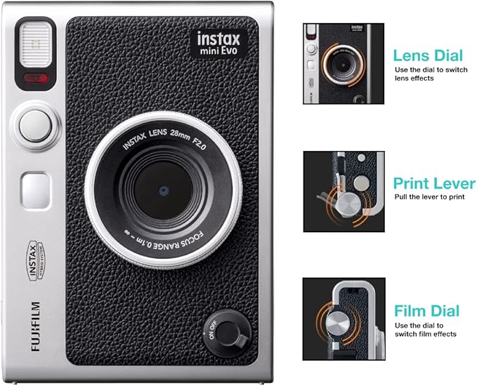 Fujifilm Instax Mini Evo Hybrid Camera Premium Edition with 20 Shots of Stone Gray Film and 100 Different Expressions - Black