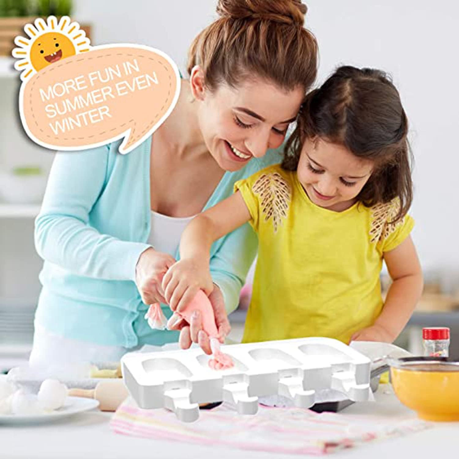 DELFINO Ice Lolly Moulds, BPA Free Silicone Popsicles Moulds of 2 Packs, Ice Cream Ice Cube Tray Popsicle Reusable Food Grade Silicone DIY Moulds Oval with 50 Pieces Natural Wood Craft Sticks (White)Kitchen GadgetsElevate your summer treats with the DELFI