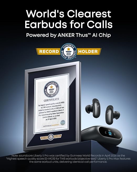 Soundcore Liberty 5 Pro – Guinness World Record Call Quality, Thus AI Chip, ANC, 28Hr, LDAC, Touchscreen Case