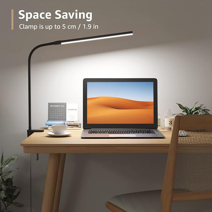 Lepro Clip-On Desk Lamp – 460 Lumens Dimmable USB Clamp Light with 10 Brightness Levels, Flexible Gooseneck, Black