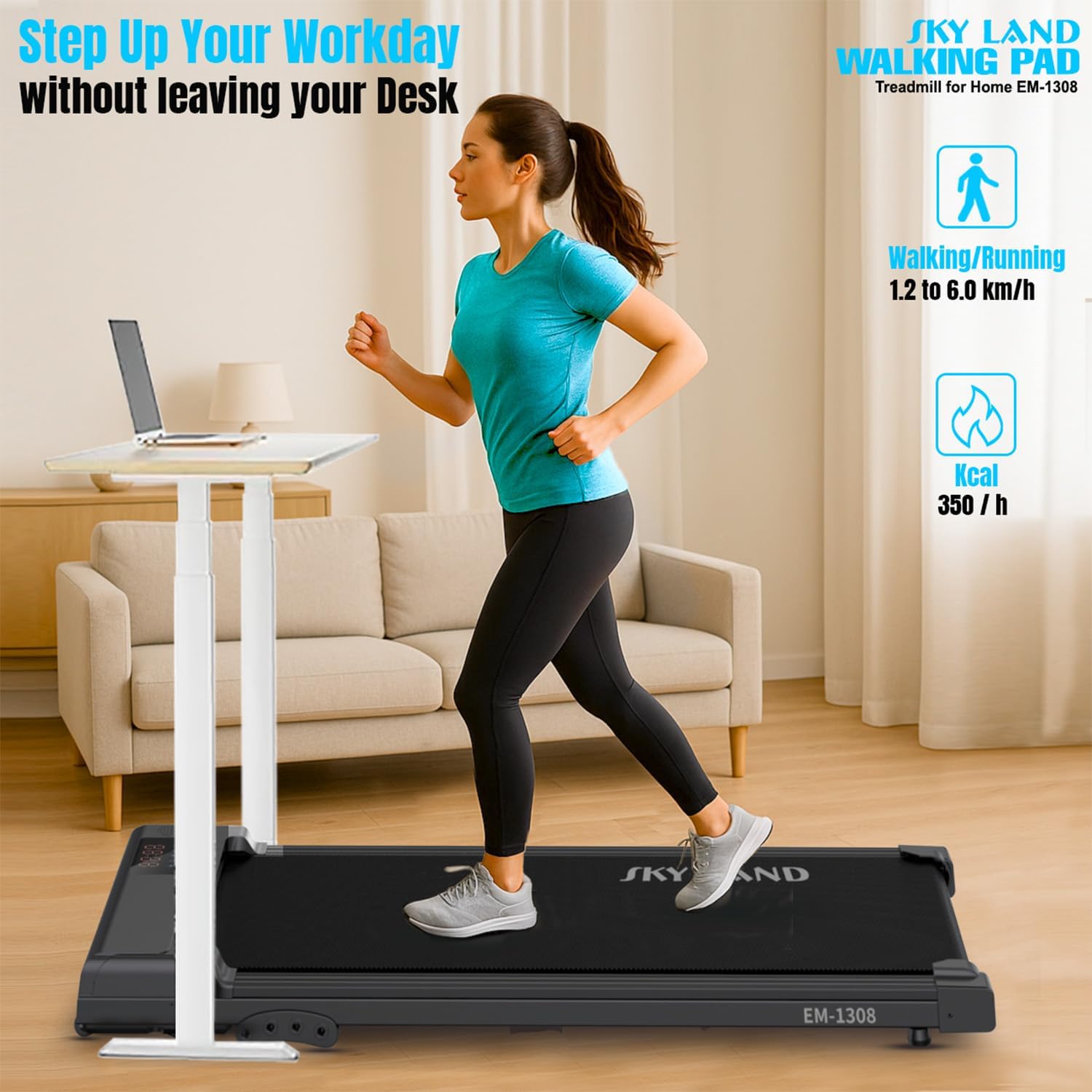 SKY LAND EM-1308 Walking Pad Treadmill | 2HP Under Desk Treadmill, 3-Level Incline, 6 km/h, 100kg Capacity