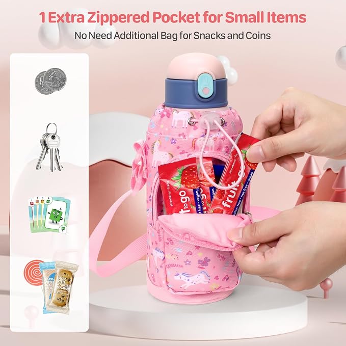 BrainyBees Kids Water Bottle Holder with Adjustable Strap | Insulated Water Bottle Carrier Bag for Children - Pink Unicorn