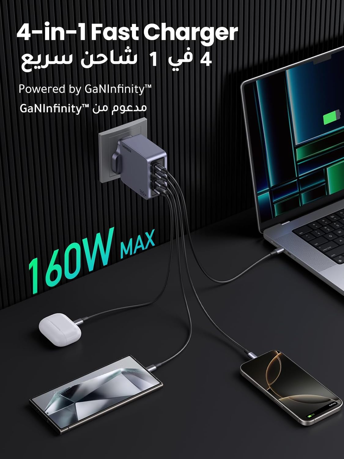 UGREEN Nexode Pro 160W USB-C GaN Charger | 4-Port Fast Charger | GaN II Tech | Compatible with MacBook Pro/Air, Dell XPS, iPad, iPhone 16, Samsung S25U, Steam DeckComputer & Laptop AccessoriesExperience a more advanced level of charging with UGREEN's new