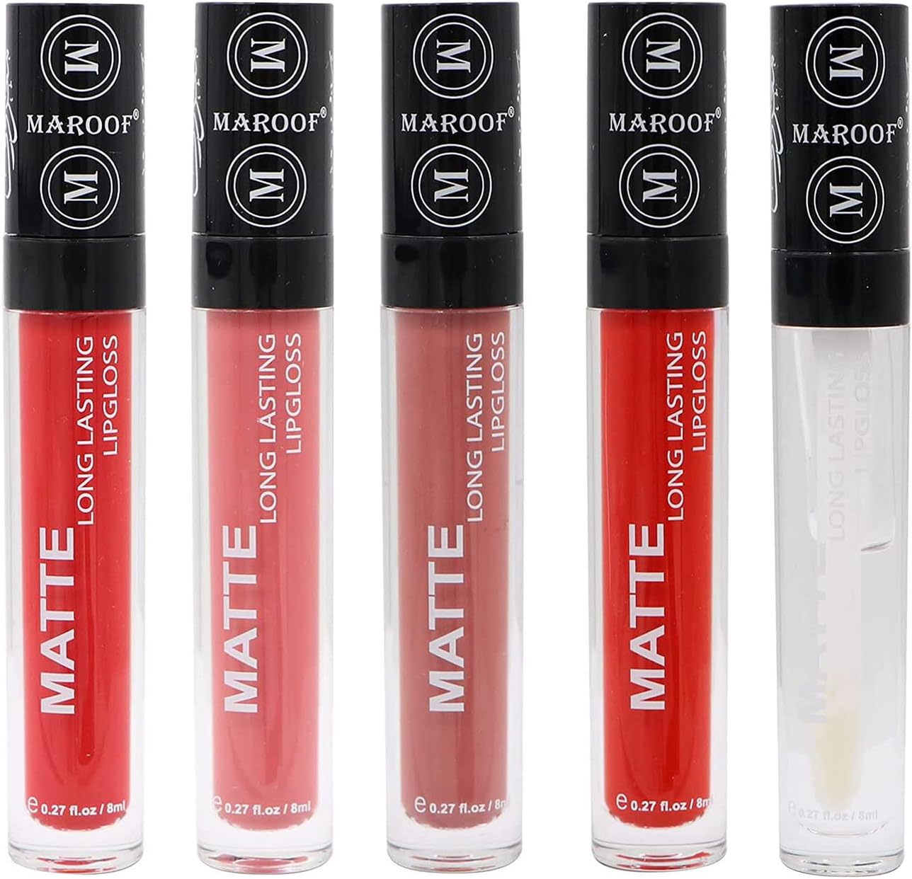 MAROOF Matte Long Lasting Lipgloss, 8ml, Everyday Use, Pack of 5Make UpA perfect pigments lipgloss, rich and long-lasting color Pack of 5 lipgloss with color shades: 09 Tempting Red, 11 Peach, 15 Nude, 16 Romantic, and 17 Clear