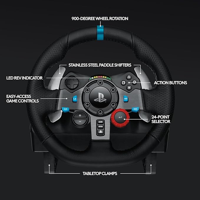 Logitech G29 Driving Force Racing Wheel and Floor Pedals, Real Force Feedback, Stainless Steel Paddle Shifters, Leather Steering Wheel Cover for PS5, PS4, PC, Mac - BlackGaming AccessoriesRealistic Force Feedback: Dual-motor system simulates tire traction