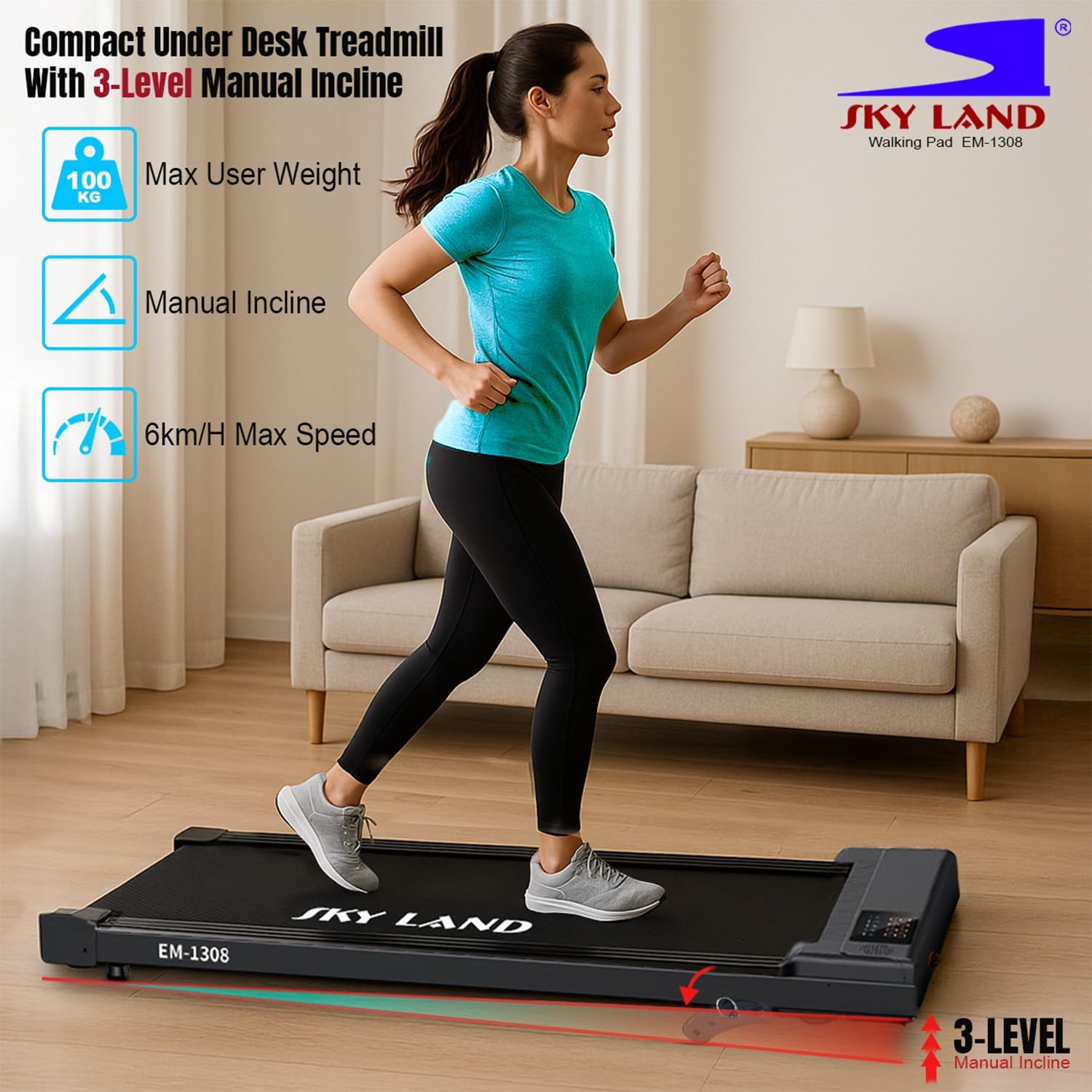SKY LAND EM-1308 Walking Pad Treadmill | 2HP Under Desk Treadmill, 3-Level Incline, 6 km/h, 100kg Capacity