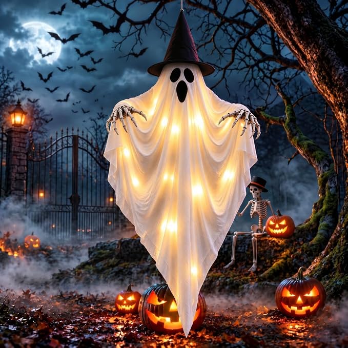 35-Inch Lighted Hanging Halloween Ghost with Witch Hat & Skeleton Hands